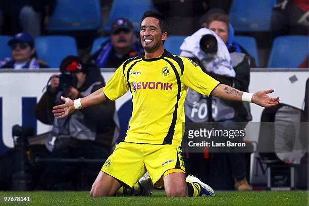 Lucas Barrios of Dortmund celebrates after scoring his teams fourth goal during the Bundesliga match between VfL Bochum and Borussia Dortmund at...
