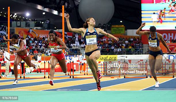 Lolo Jones of United States celebrates winning gold in the Womens 60m Hurdles Final during Day 2 of the IAAF World Indoor Championships at the Aspire...