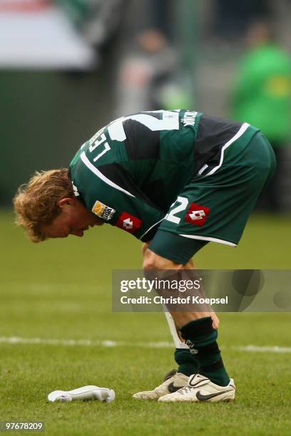 Tobias Levels of Gladbach looks dejected after losing 0-4 the Bundesliga match between Borussia Moenchengladbach and VfL Wolfsburg at Borussia Park...