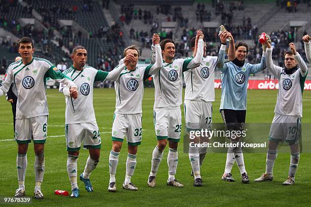 Jan Simunek, Ashkan Dejagah, Sebastian Schindzielorz, Christian Gentner, Alexander Madlung, Marwin Hitz and Zvjezdan Misimovic of Wolfsburg celebrate...