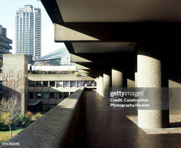 Barbican Estate, London. View towards the Arts Centre from the podium below Speed House.