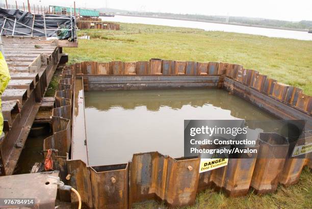 One of the four cofferdams, the tidal river ment that the dam had to be pumped out before the next stage of the foundation was started.