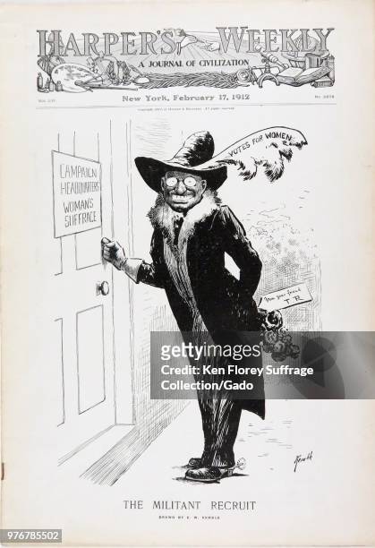 Black and white magazine cover, depicting then Bull Moose Party presidential candidate, Theodore Roosevelt Jr, wearing an Edwardian women's hat and...