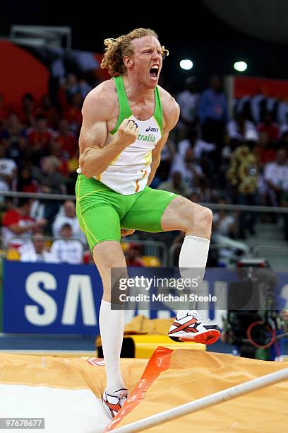 Steven Hooker of Australia celebrates in the Mens Pole Vault Final during Day 2 of the IAAF World Indoor Championships at the Aspire Dome on March...