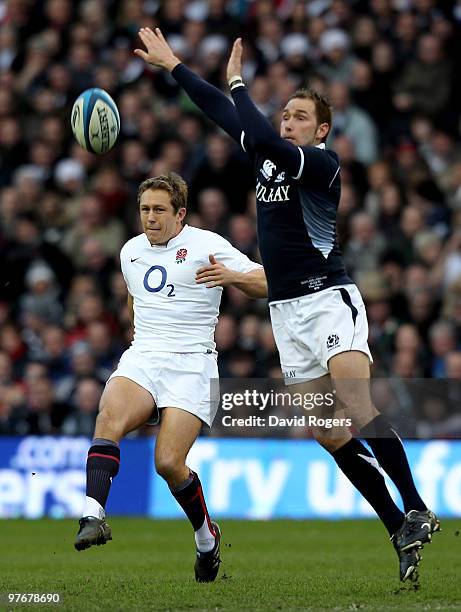 Dan Parks of Scotland tries to block the kick of Jonny Wilkinson of England during the RBS Six Nations Championship match between Scotland and...