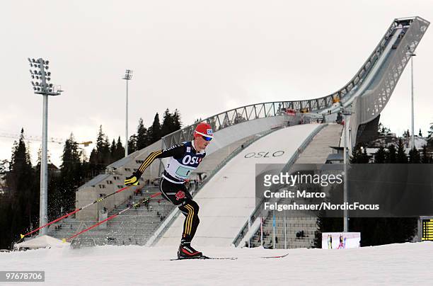 Georg Hettich of Germany competes in the team Gundersen 4x5km Cross Country event during day one of the FIS Nordic Combined World Cup on March 13,...
