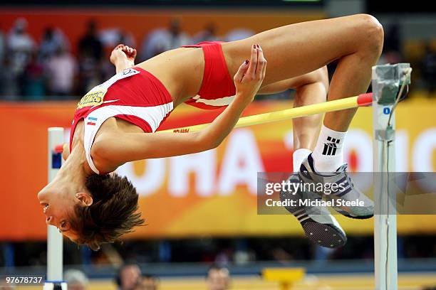 Blanka Vlasic of Croatia competes in the Womens High Jump during Day 2 of the IAAF World Indoor Championships at the Aspire Dome on March 13, 2010 in...