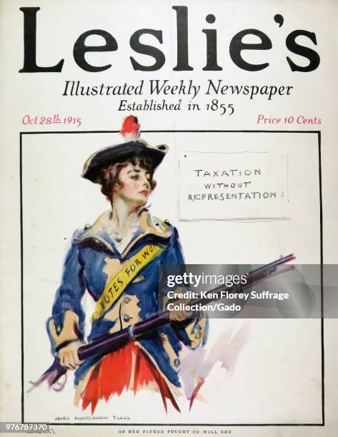 Color magazine cover, depicting a young suffragette, dressed in the garb of an American revolutionary soldier, clasping a gun, and wearing a sash...