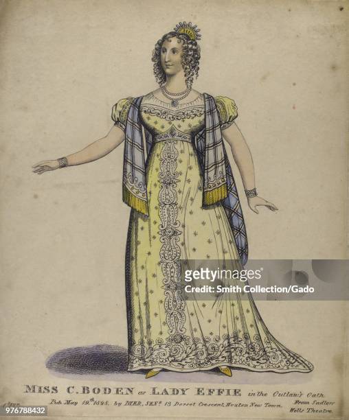 Lithograph of theatre portrait depicting the actor Miss C Boden as Lady Effie in the Outlaw's Oath, 1828. From the New York Public Library.