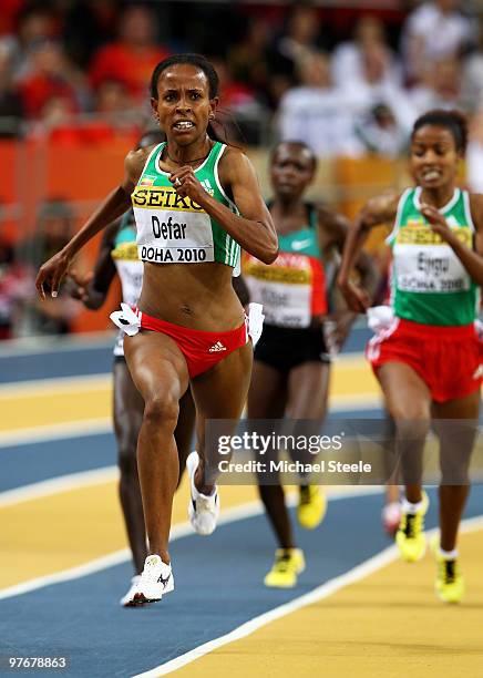 Meseret Defar of Ethiopia competes and wins the gold medal in the Womens 3000m during Day 2 of the IAAF World Indoor Championships at the Aspire Dome...
