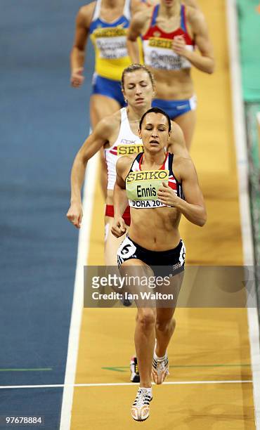 Jessica Ennis of Great Britain competes in the Womens Pentathalon 800m during Day 2 of the IAAF World Indoor Championships at the Aspire Dome on...