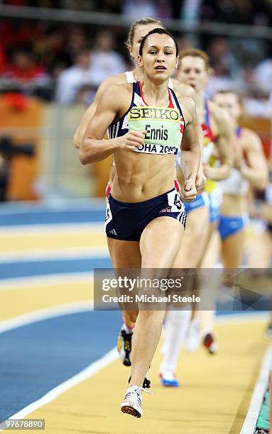 Jessica Ennis of Great Britain competes in the Womens Pentathlon 800m during Day 2 of the IAAF World Indoor Championships at the Aspire Dome on March...