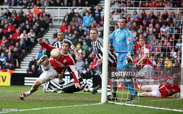 Scott McDonald of Newcastle United scores the third goal making it 2-1 to Middlesbrough during the Coca Cola Championship match between Middlesbrough...