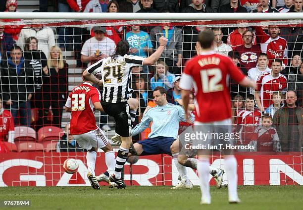 Andy Carroll of Newcastle scores the fourth goal during the Coca Cola Championship match between Middlesbrough and Newcastle United at the Riverside...