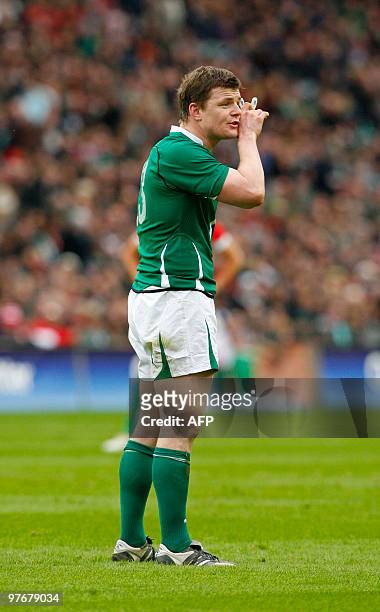 Ireland's centre and captain Brian O'Driscoll playing his 100th cap for Ireland during the RBS Six Nations International rugby union match between...