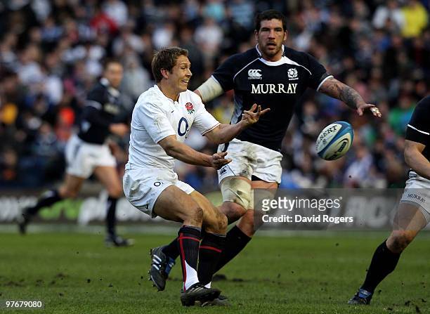 Jonny Wilkinson of England releases the ball during the RBS Six Nations Championship match between Scotland and England at Murrayfield Stadium on...