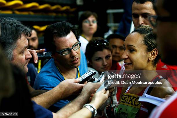 Jessica Ennis of Great Britain is mobbed by the media after winning the gold medal for the womens Pentathalon during Day 2 of the IAAF World Indoor...