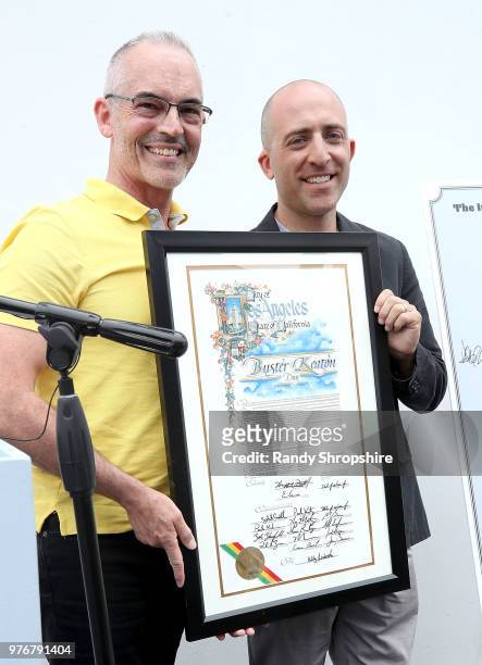 Los Angeles Councilmember Mitch O'Farrell and Alek Lev on stage during the city of Los Angeles declaration of "Buster Keaton Day" on June 16, 2018 in...