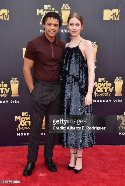 Actors Percelle Ascott and Sorcha Groundsell attend the 2018 MTV Movie And TV Awards at Barker Hangar on June 16, 2018 in Santa Monica, California.