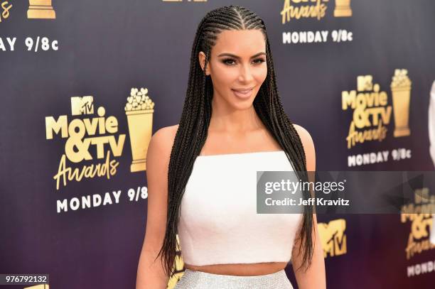 Kim Kardashian attends the 2018 MTV Movie And TV Awards at Barker Hangar on June 16, 2018 in Santa Monica, California.