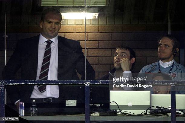 England Head Coach Martin Johnson watches from the stands with his Assistants John Wells and Brian Smith during the RBS Six Nations Championship...
