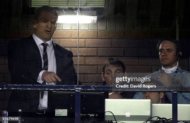 England Head Coach Martin Johnson watches from the stands with his Assistants John Wells and Brian Smith during the RBS Six Nations Championship...