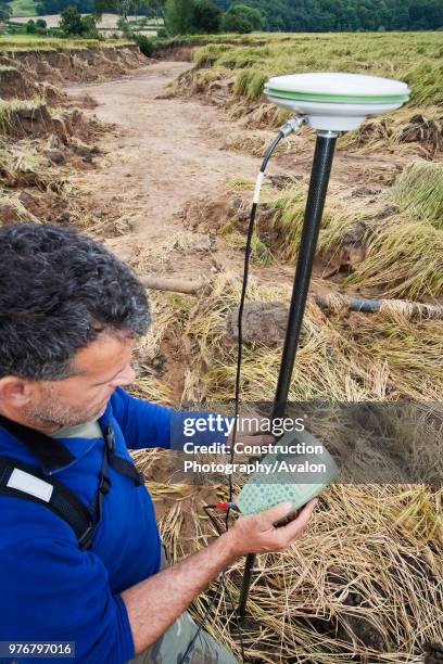 Differential GPS being used in real time kinematic survey, to survey the extent of the Durham canyon flooding feature, UK.