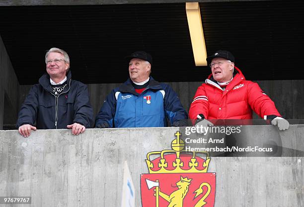 Fabian Stang of Norway, Mayor of Oslo, King Harald V. Of Norway and Sverre M. Seeberg of Norway, president of the Norwegian Ski Federation watch the...
