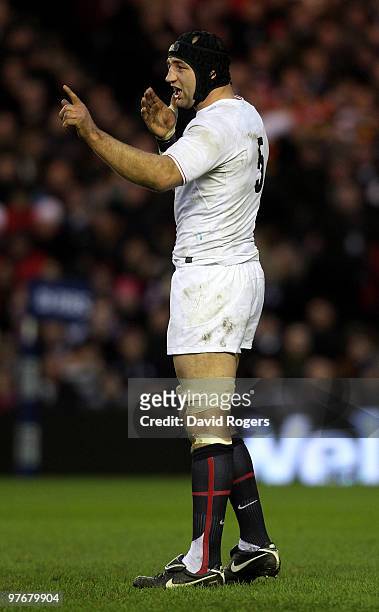 Steve Borthwick of England issues instructions during the RBS Six Nations Championship match between Scotland and England at Murrayfield Stadium on...