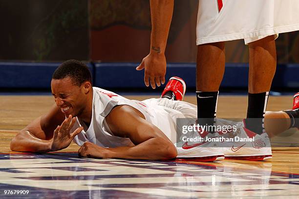 Guard Evan Turner of the Ohio State Buckeyes reacts after a play against the Illinois Fighting Illini in the semifinals of the Big Ten Men's...