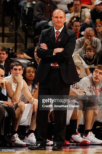 Head coach Thad Matta of the Ohio State Buckeyes watches game action against the Illinois Fighting Illini in the semifinals of the Big Ten Men's...