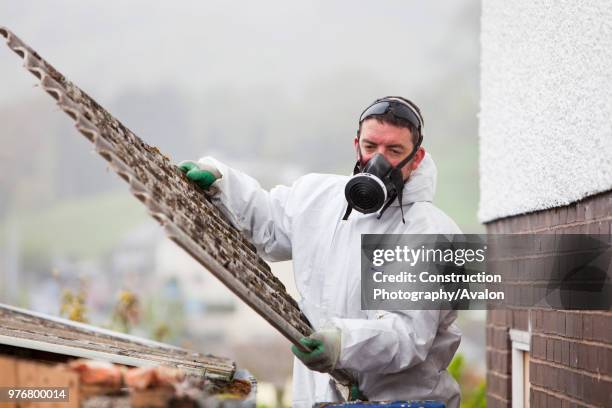 Specialist asbestos removal company removing asbestos from a shed roof of a house in Ambleside, Cumbria, UK.