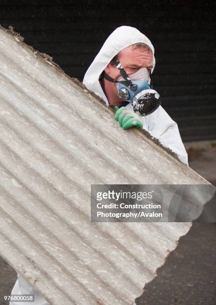 Specialist asbestos removal company removing asbestos from a shed roof of a house in Ambleside, Cumbria, UK.