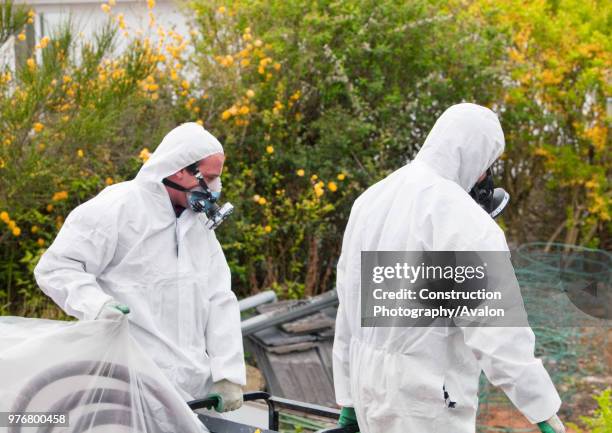 Specialist asbestos removal company removing asbestos from a shed roof of a house in Ambleside, Cumbria, UK.