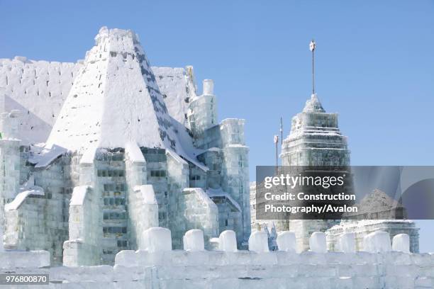 An ice palace built with blocks of ice from the Songhue river in Harbin, Heilongjiang Province, Northern China.