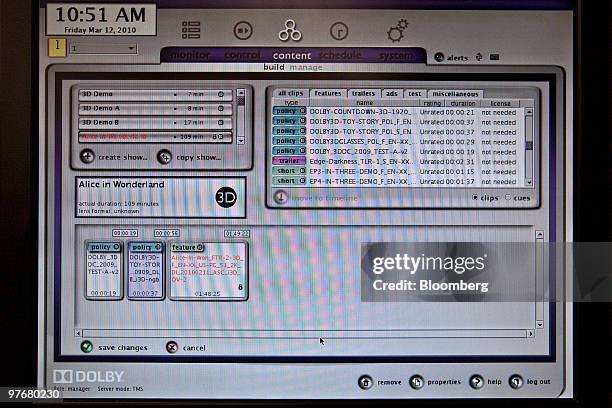 Screen displays content processed by Dolby Laboratories Inc. Digital processors that feed audio and 3-D images into the company's screening room in...