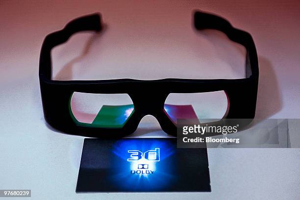 Dolby Laboratories Inc. 3-D glasses are arranged for a photo at the company's offices in San Francisco, U.S., on Friday, March 12, 2010. U.S....
