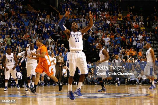 John Wall of the Kentucky Wildcats celebrates after Kentucky scored a basket in the second half against the Tennessee Volunteers during the...
