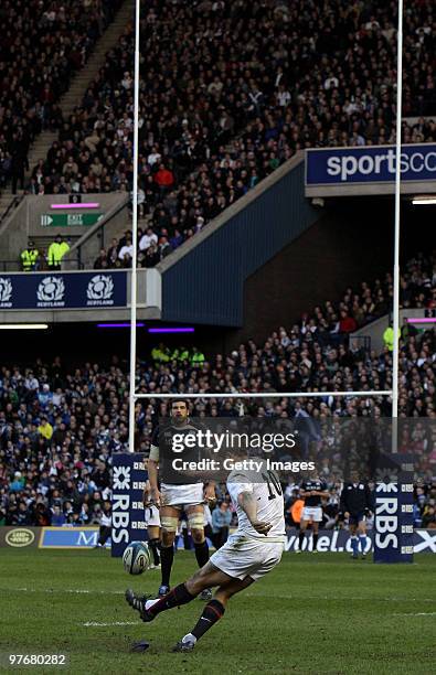 Jonny Wilkinson of England kicks during the RBS Six Nations Championship match between Scotland and England at Murrayfield Stadium on March 13, 2010...