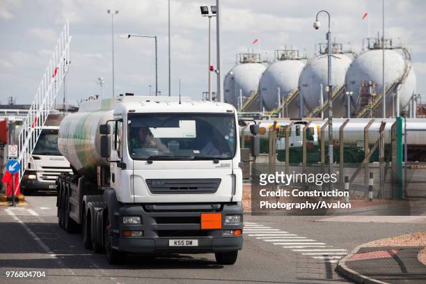 Petrol tankers at the Ineos oil refinery in Grangemouth Scotland, UK The site is responsible for massive C02 emissions.