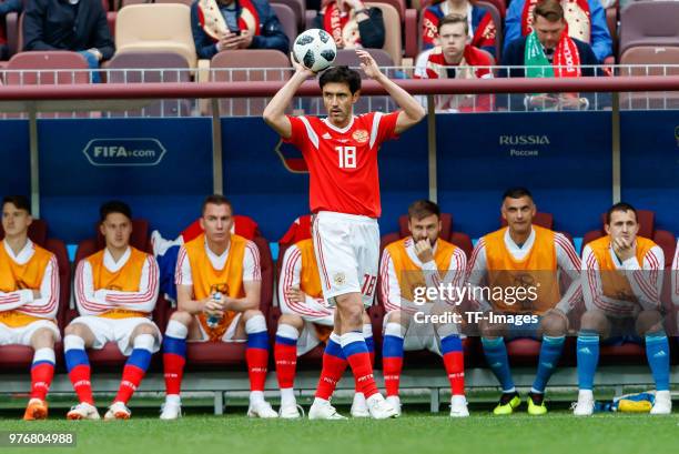 Yury Zhirkov of Russia controls the ball during the 2018 FIFA World Cup Russia group A match between Russia and Saudi Arabia at Luzhniki Stadium on...