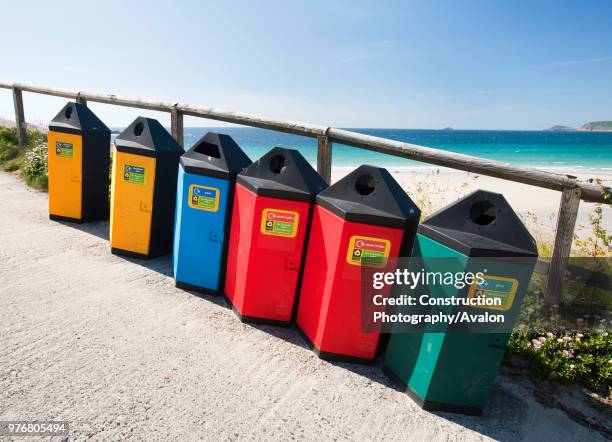 Recycling bins at Sennen Cove, Cornwall, UK.