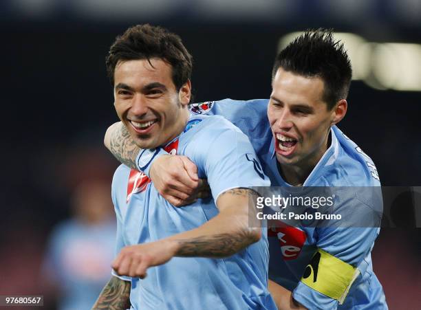 Ezequiel Lavezzi of SSC Napoli celebrates the opening goal with his teammate Marek Hamsik during the Serie A match between SSC Napoli and ACF...