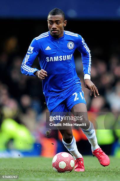 Salomon Kalou of Chelsea runs with the ball during the Barclays Premier League match between Chelsea and West Ham United at Stamford Bridge on March...