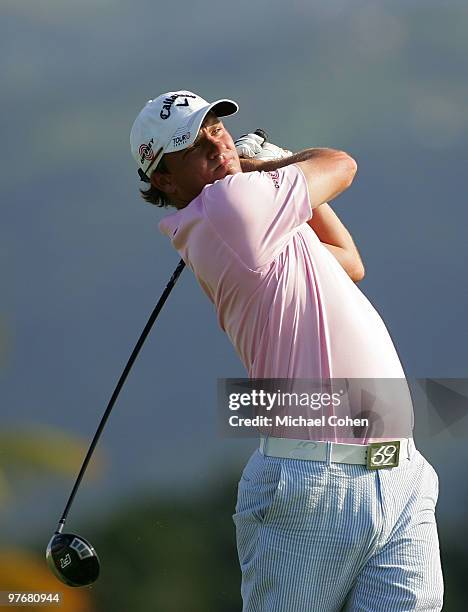 Nicholas Thompson hits a drive during the second round of the Puerto Rico Open presented by Banco Popular at Trump International Golf Club held on...