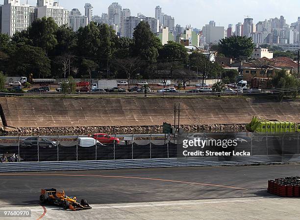 Simona De Silvestro, driver of the Team Stargate Worlds HVM Racing Dallara Honda, during practice for the IRL IndyCar Series Sao Paulo Indy 300 on...