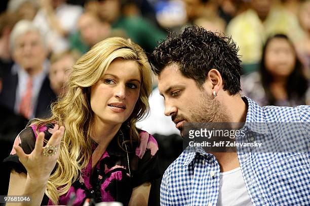 Reporter Erin Andrews and her "Dancing With The Stars" partner Maksim Chmerkovskiy watch the Duke Blue Devils play the University of Miami Hurricanes...