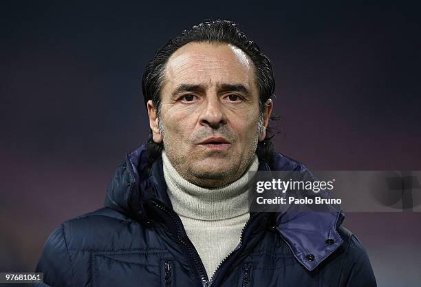 Cesare Prandelli the coach of ACF Fiorentina looks on during the Serie A match between SSC Napoli and ACF Fiorentina at Stadio San Paolo on March 13,...