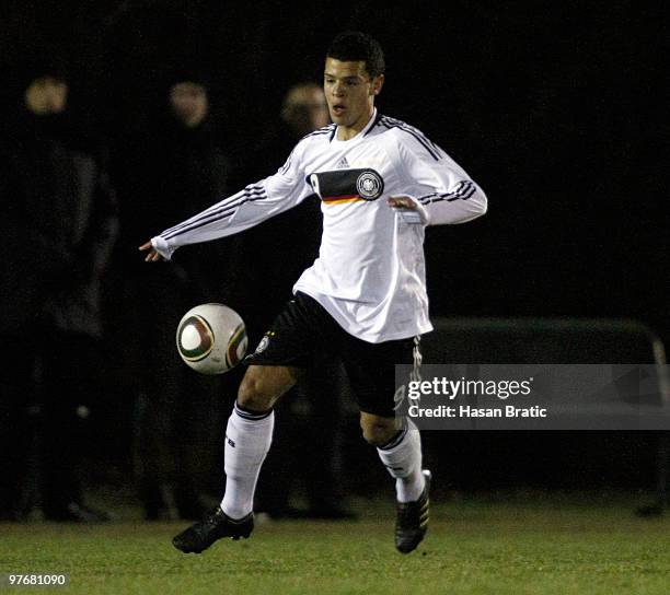 Shawn Parker of Germany plays the ball during the International Friendly match between U17 Germany and U17 Georgia at the kleine Kampfbahn stadium on...