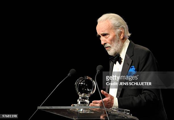British actor Sir Christopher Lee delivers a speech after he was offered the Steiger Award 2010 on March 13, 2010 in Bochum, western Germany. The...